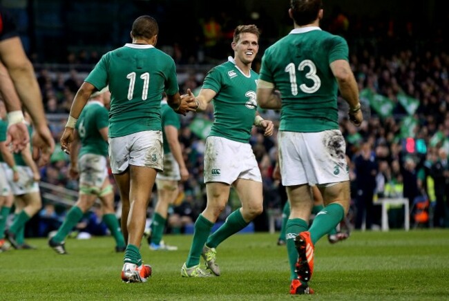 Simon Zebo celebrates his try with Craig Gilroy