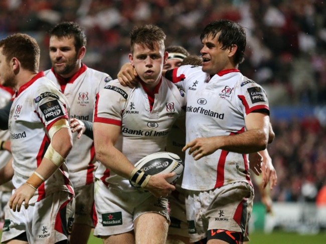 Craig Gilroy celebrates his try with Louis Ludik