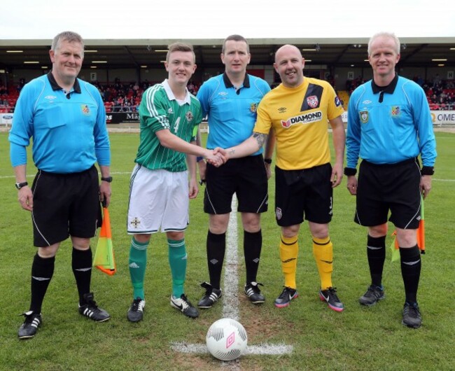James Singleton and Shaun Holmes with Terrence Moyne, Paul Duddy and Martin McGonagle
