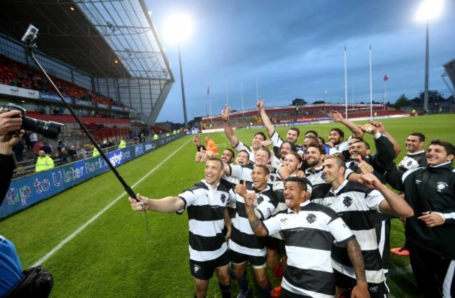 Zane Kirchner leads a selfie for the Barbarians