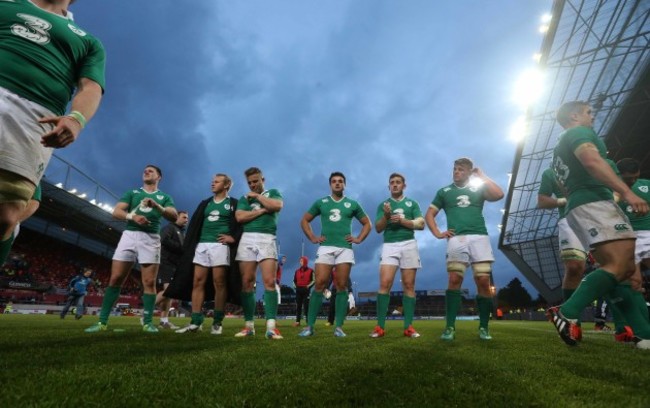 Craig Gilroy, Luke Marshall, Ian Madigan, Cian Kelleher, Paddy Jackson and Jordi Murphy dejected