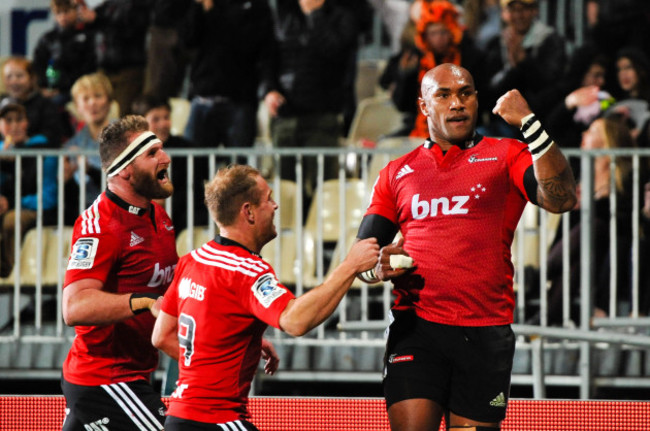 Nemani Nadolo celebrates his try with Andy Ellis and Kieran Read