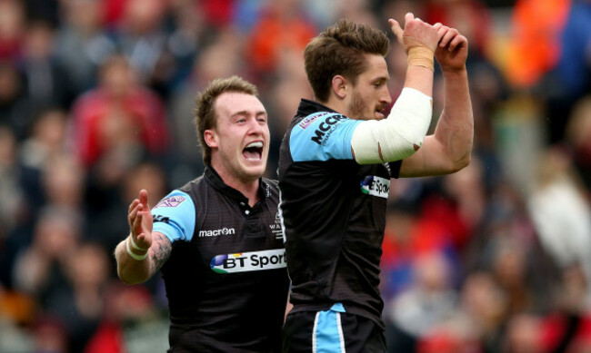 Stuart Hogg celebrates with try scorer Henry Pyrgos