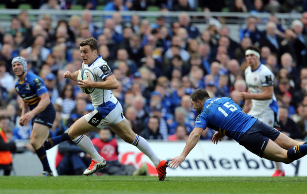 George Ford passes Rob Kearney on the way to scoring a try