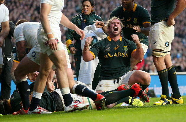 Jannie du Plessis celebrates after his side scored their third try