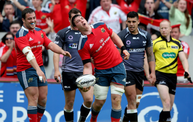 Paddy Butler celebrates scoring his side's third try