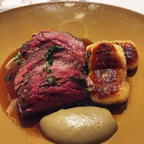 Pink beef fillet with filled gnocchi and shallot purée. melt in the mouth! thrilled to taste Irish Head Chef Anna Haugh's dishes - finally! @londonhousesw11
