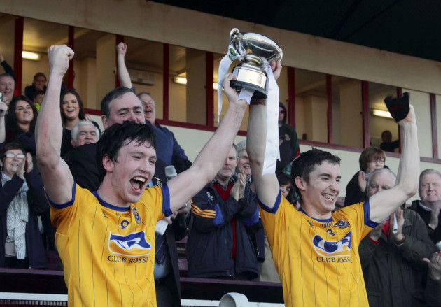Tadhg O'Rourke and Cathal Compton lift the JJ Fahy Cup