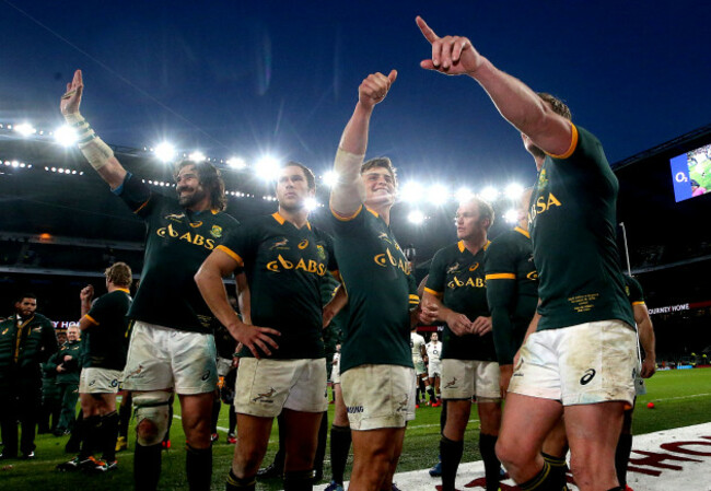 Victor Matfield, Jan Serfontein, Pat Lambie and Jean de Villiers celebrate