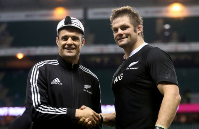 Richie McCaw presents Dan Carter with his 100th cap