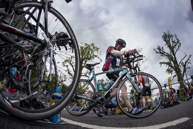 Competitors in action during the cycle section of the Double Olympic category