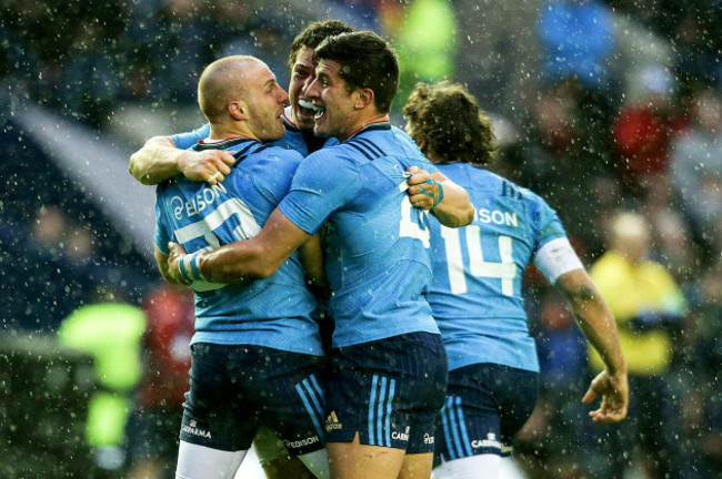 Giulio Bisegni, Luca Morisi and Tommaso Allan celebrate winning