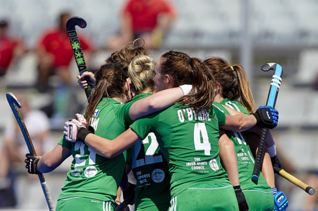 The Ireland players congratulate goalscorer Anna O&Otilde;Flanagan on scoring their second goal