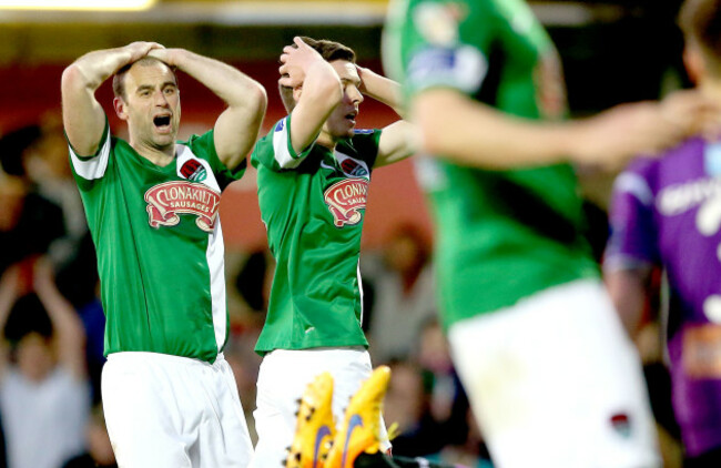 Dan Murray and Garry Buckley react after a missed chance