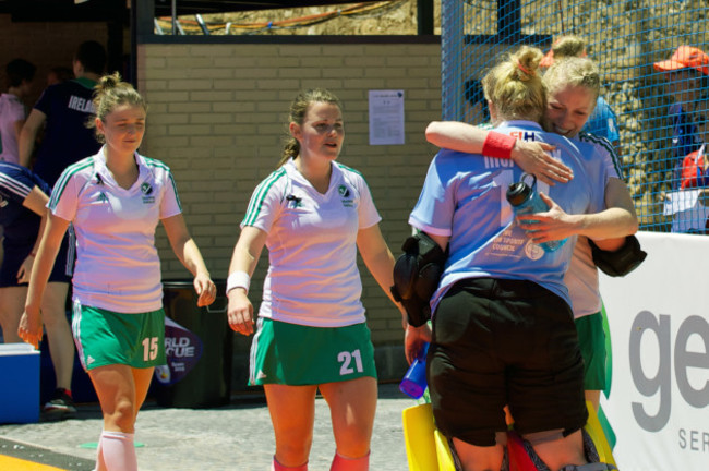 Hannah Matthews and goalkeeper Ayeisha McFerran after the game