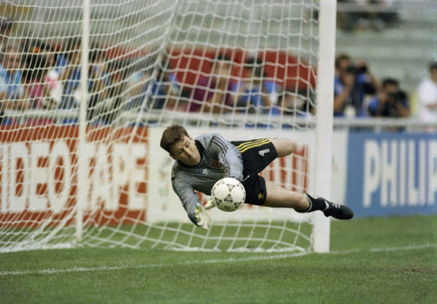 Packie Bonner saves a penalty to win the match