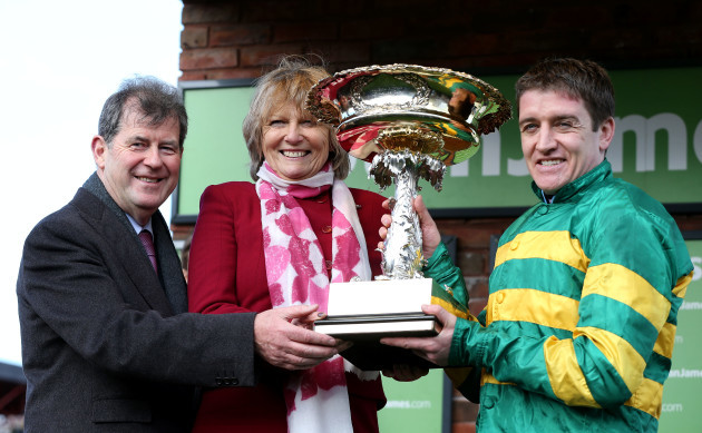 JP McManus, trainer Jessica Harrington and Barry Geraghty after winning the Stan James Champion Hurdle Challenge Trophy after winning on Jezk