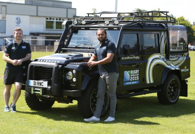 Gordon D'Arcy and Isa Nacewa pose with the Rugby World Cup 2015 Defender as it brings the Webb Ellis Cup to Old Belvedere RFC as part of the Rugby World Cup Trophy Tour_4