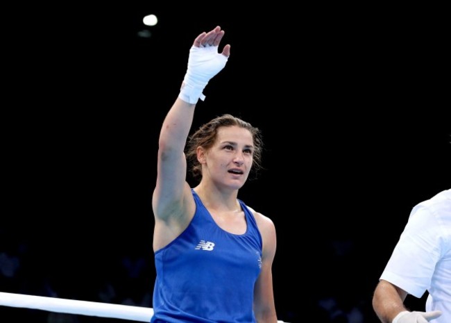 Katie Taylor celebrates after her bout against Ida Lundblad