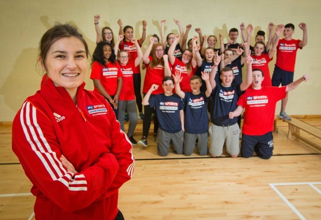 Katie Taylor with pupils from New Cross College, Finglas
