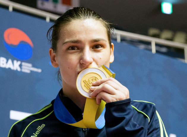 Katie Taylor celebrates with her gold medal