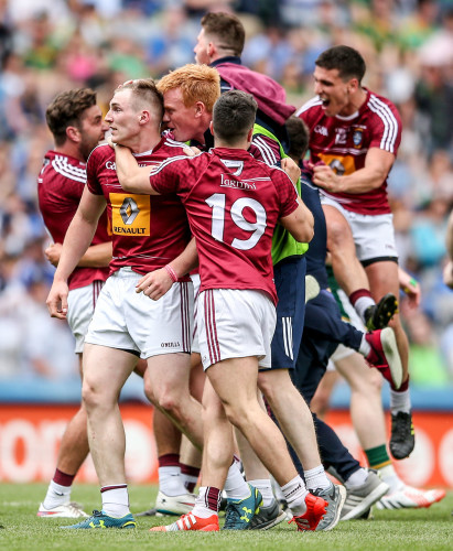 Westmeath players celebrate with Kieran Martin after the game