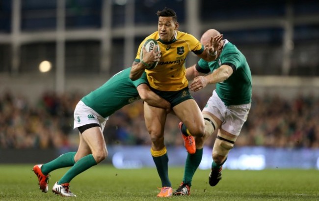 Israel Folau with Jonathan Sexton and Paul O'Connell