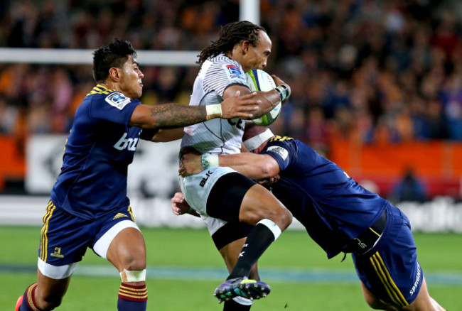 Odwa Ndungane tackled by Josh Hohneck and Malakai Fekitoa