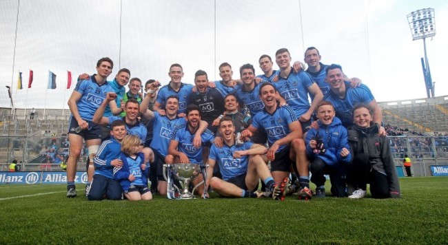 The Dublin team celebrate with the Division one trophy