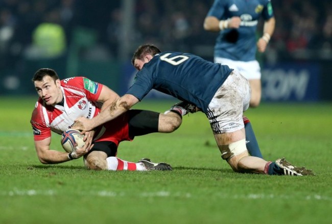 Peter O'Mahony tackles Shane Monahan