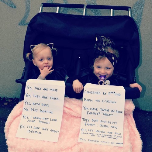 I REALLY wanted to leave these signs on the pram today. As a twin mum, you get asked a series of questions/hear a series of statements EVERYTIME you go out. I know most people are coming from a great place and are just curious however many can be quite intrusive and after a while it's just plain exhausting. And since I was heading into the city, I knew the questions would be coming thick and fast... but I chickened out on the train and took them off! #twinlyfe #twins #twinquestions #doubletrouble #cliches #delphiandcheska #uncannyannie