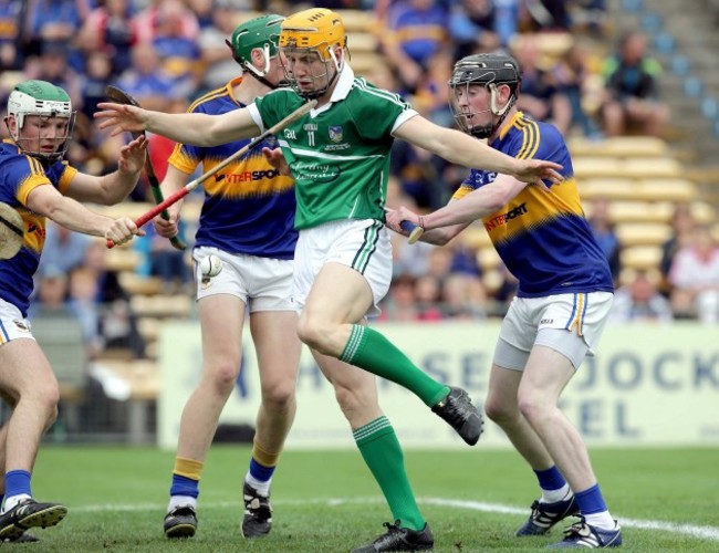 Seamus Flanagan loses his hurl and attempts to kick the sliotar into the back of the net