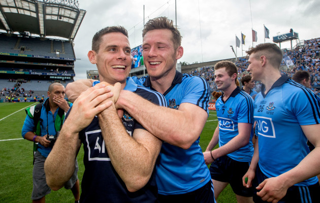 Stephen Cluxton and Paul Flynn celebrate after the game