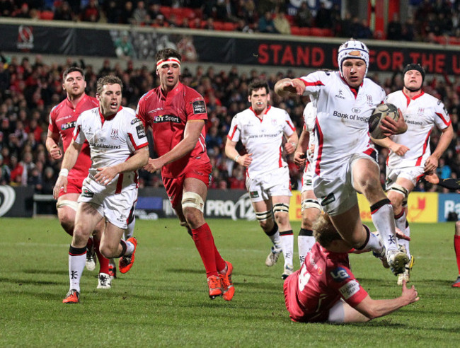 Luke Marshall goes over to score a try