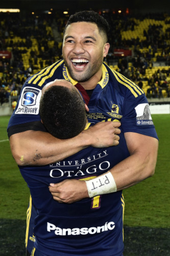 Lima Sopoaga celebrates winning with Aaron Smith