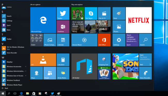 Windows 10 start screen