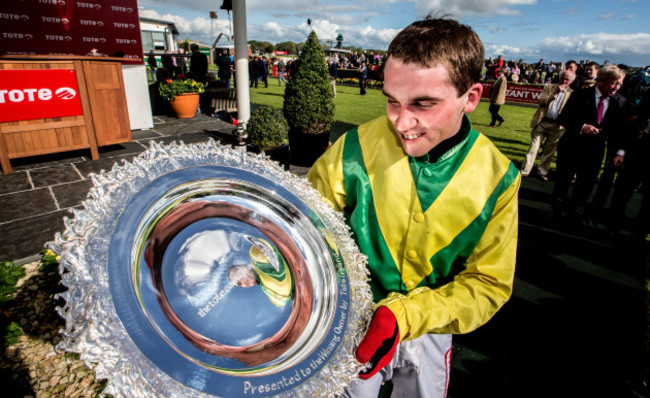 Jonathan Burke celebrates after winning the Galway Plate on board Shanahan's Turn