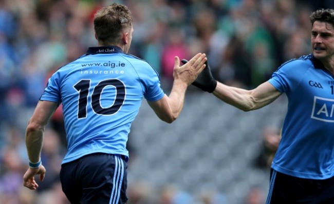 Paul Flynn celebrates scoring his side's second goal with Bernard Brogan