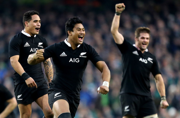 Aaron Smith, Ben Smith and Richie McCaw celebrate after Aaron Cruden kicked a late conversion to win the game