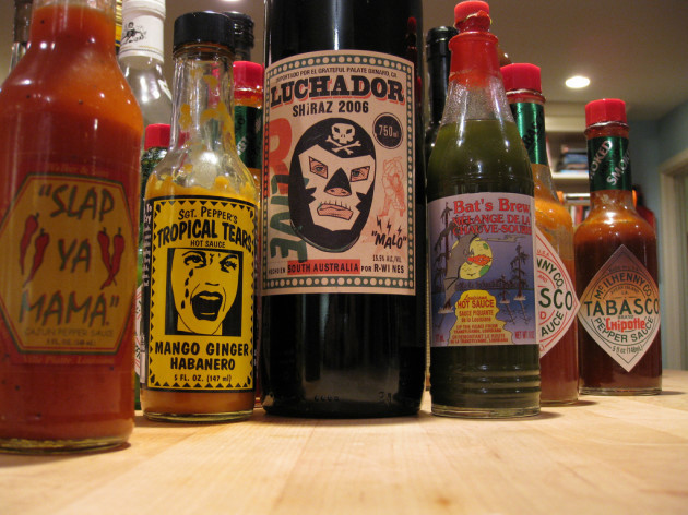 hot sauce and Luchador wine