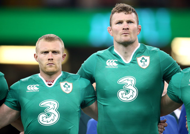 Keith Earls and Donnacha Ryan during the national anthems