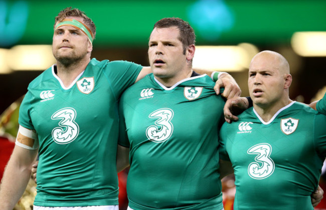 Jamie Heaslip, Mike Ross and Richardt Strauss during the national anthems