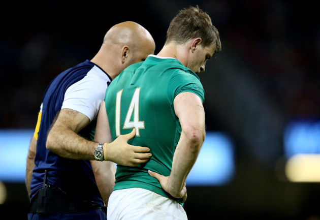 IrelandÕs Andrew Trimble leaves the match with an injury