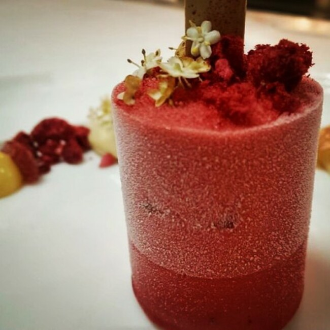 Elderflower & Raspberry lolly, elderflower custard, freeze dried raspberries and lemon curd. Perfect summer time desserts from @paula_pastry in the George V. #foodie #food #dessert #pastrychef #finedining #lolly #summerfood #tasteofrch #georgevrest #yum #foodporn #elderflower #raspberry #lemoncurd