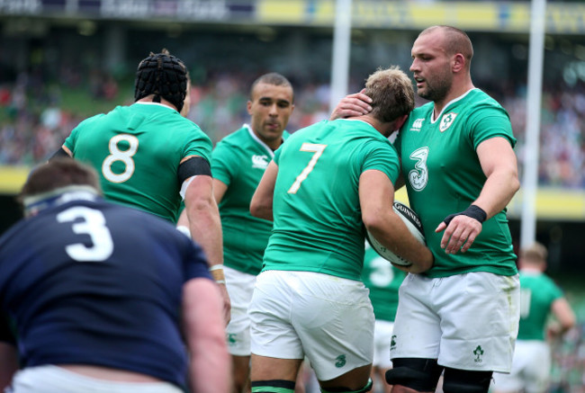 Chris Henry celebrates his try with Dan Tuohy