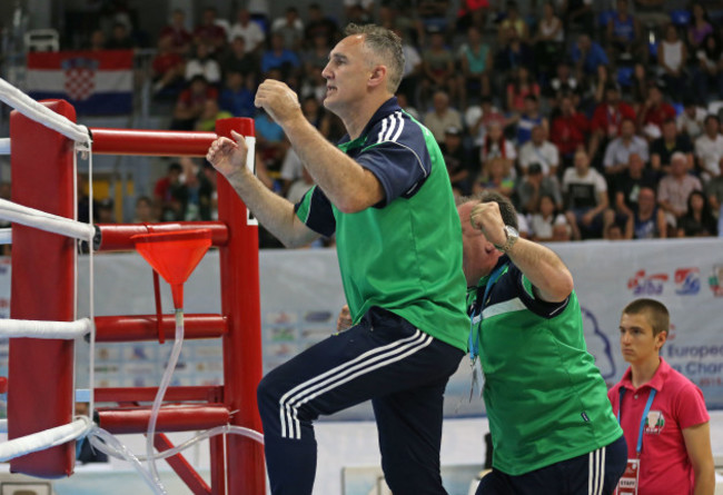 Billy Walsh celebrates as Michael Conlan is announced as the winner