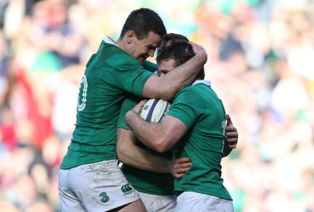 Jared Payne celebrates his try with Tommy Bowe and Jonathan Sexton