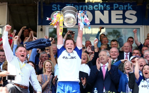 Conor McManus lifts the Anglo Celt cup