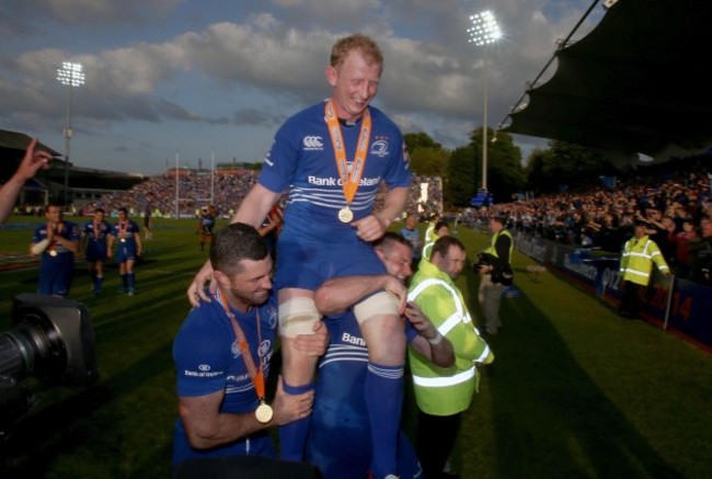 Leo Cullen, Rob Kearney and Fergus McFadden celebrate winning