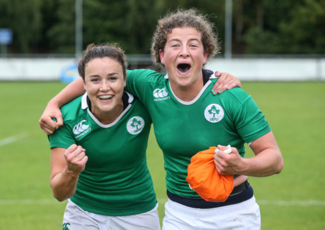 Louise Galvin and Jenny Murphy celebrate qualifying for the HSBC World Rugby Sevens Series